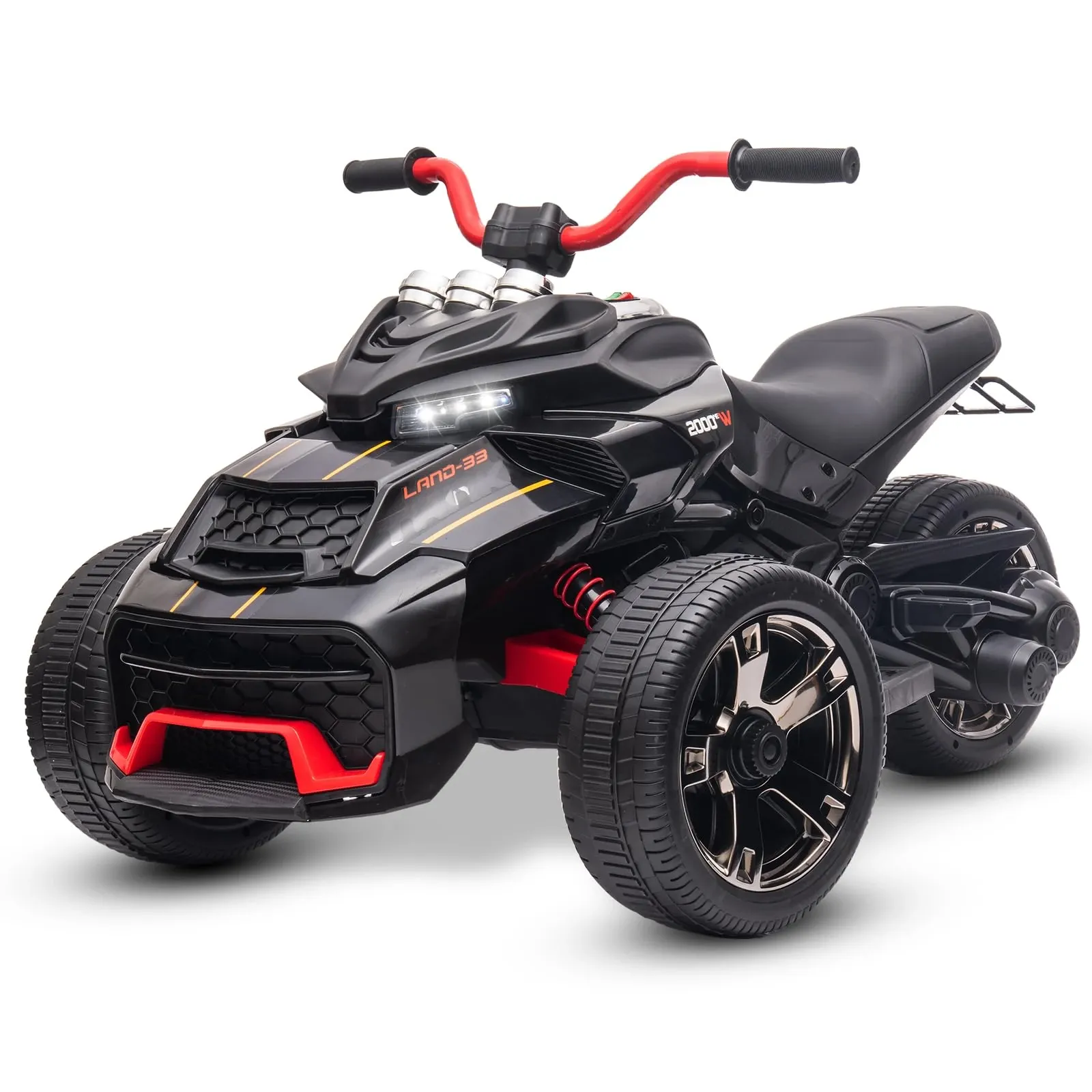 Black children’s electric ride-on ATV-style quad with red handlebars, chunky wheels and sporty detailing, photographed on a white background.