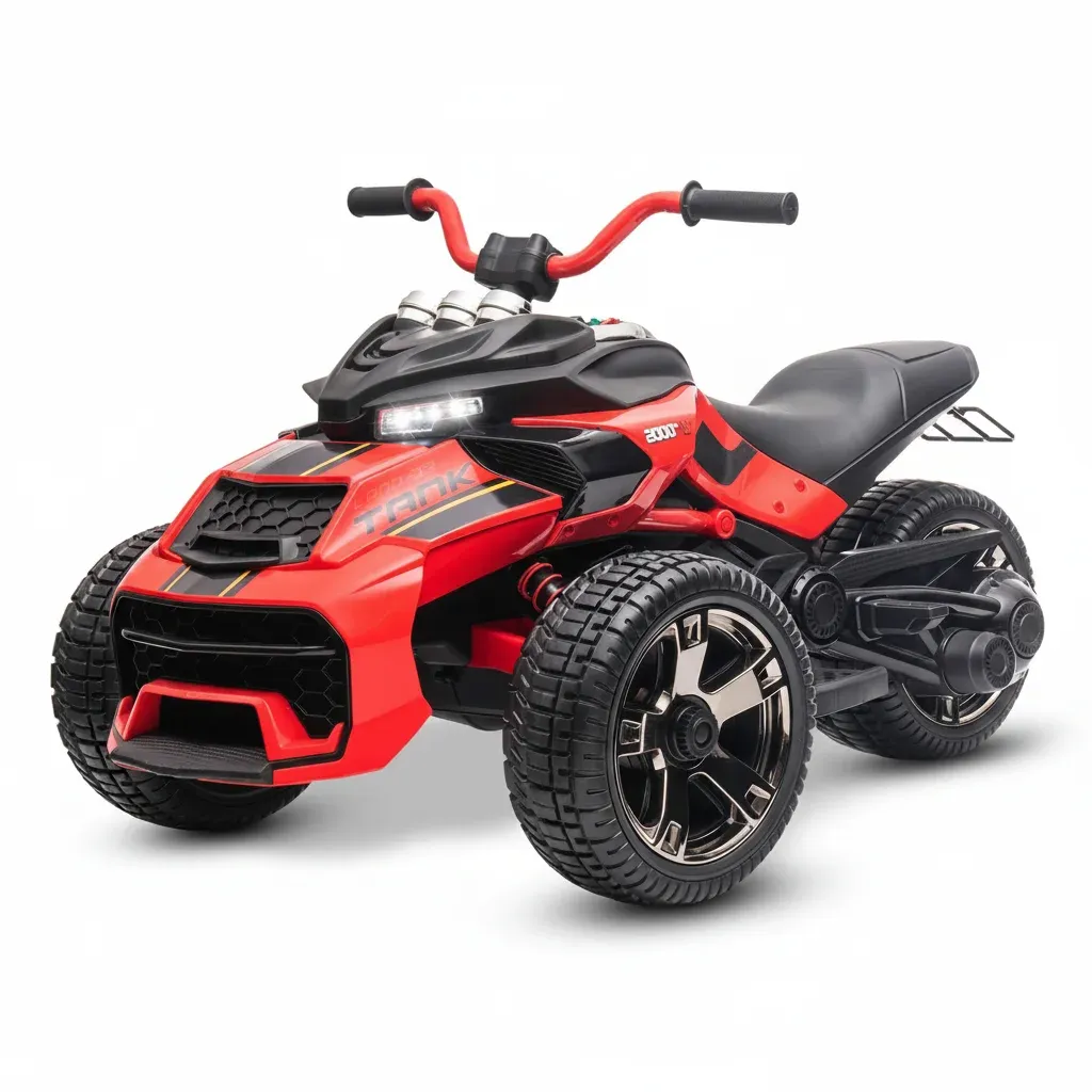 12V kids quad bike with treaded wheels crossing a short-grass UK lawn