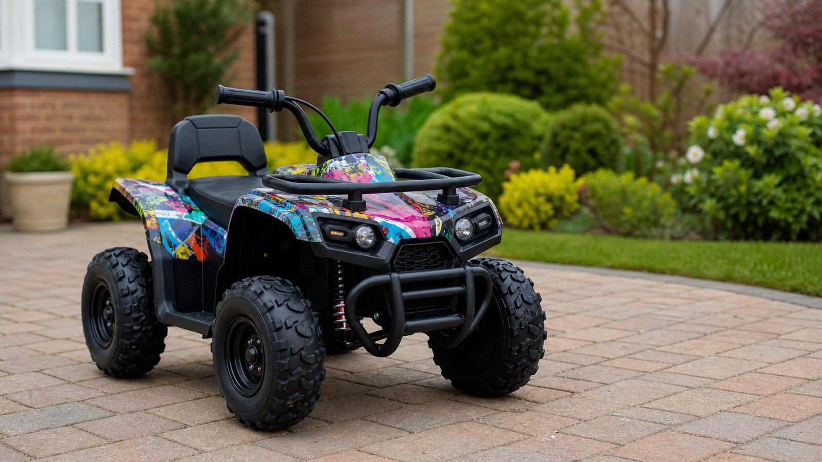 Children's electric ride-on ATV parked on a tidy UK driveway