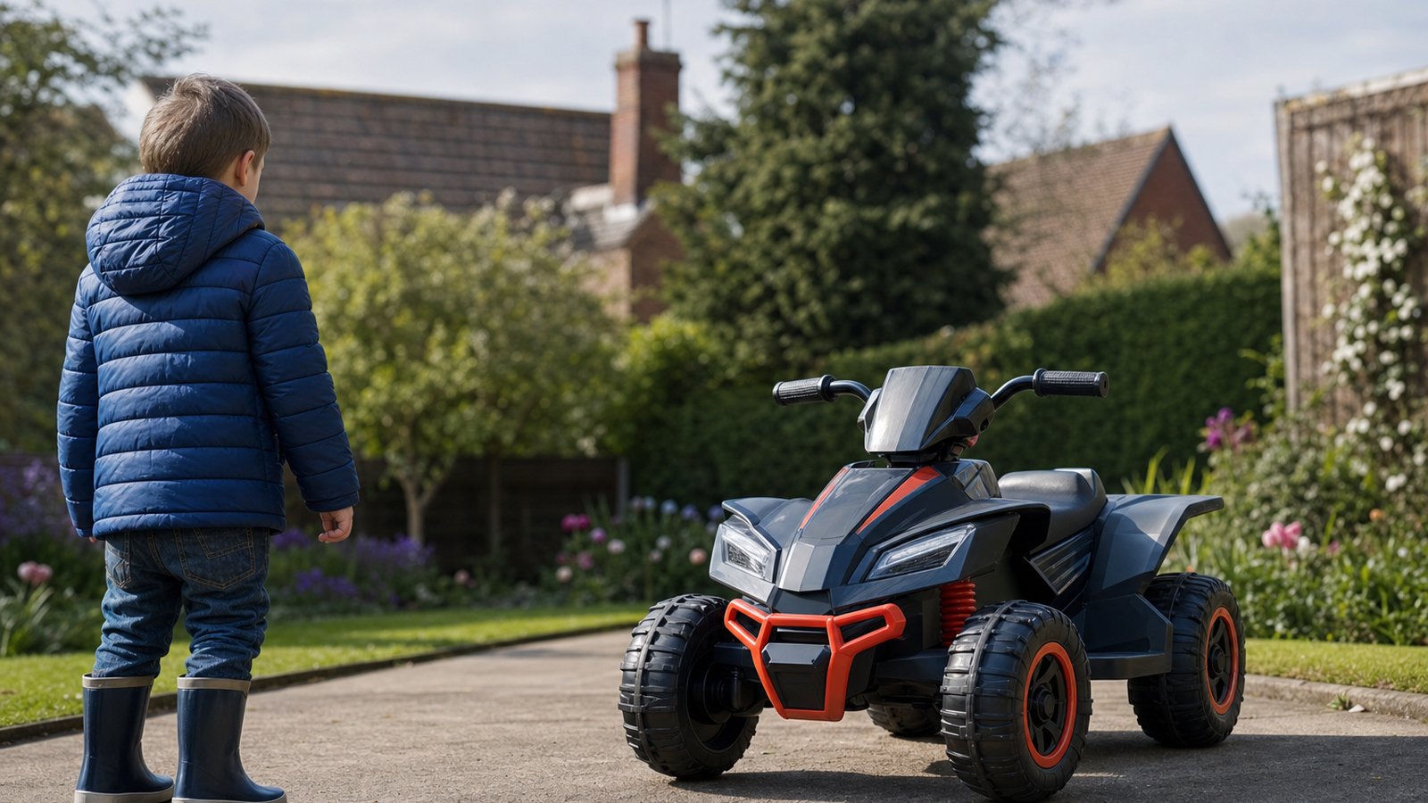 Children's electric ride-on ATV parked on a tidy UK driveway