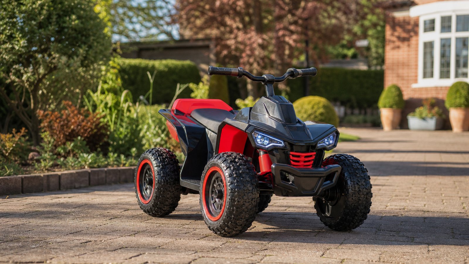 Children's electric ride-on ATV parked on a tidy UK driveway